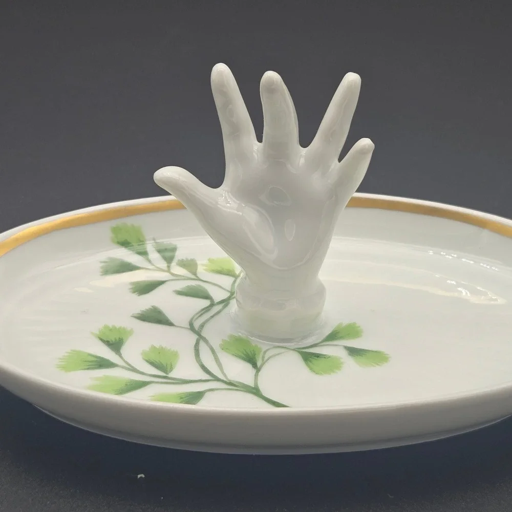 Vintage Porcelain Mini Hand Ring Holder Dish White Gold‎ Trim Made in France 5